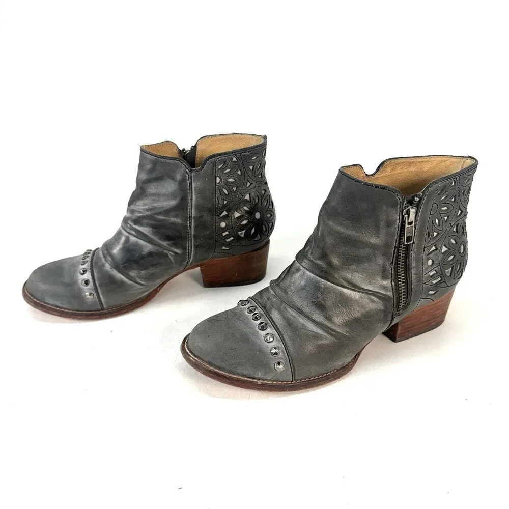 Patron Perugia Ruth Studded Ankle Boots Women Size 9M Gray Zipper Cut Out Detail